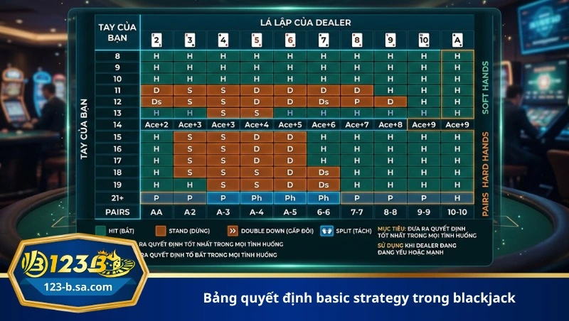 bảng quyết định basic strategy trong blackjack