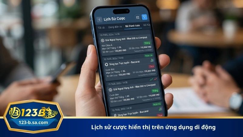 lịch sử cược hiển thị trên ứng dụng di động