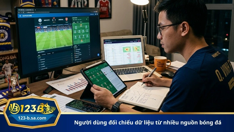người dùng đối chiếu dữ liệu từ nhiều nguồn bóng đá